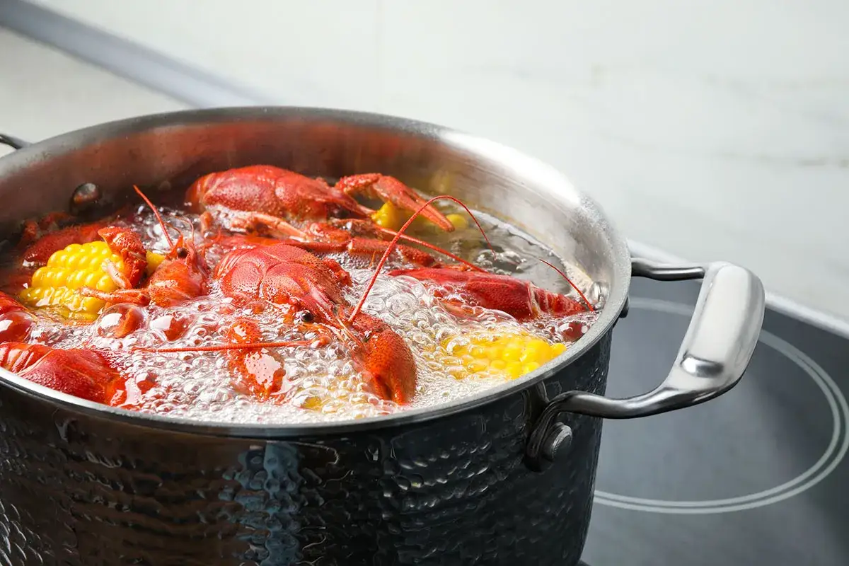 Bogavante cocido y mazorcas de maíz hirviendo en una olla grande.