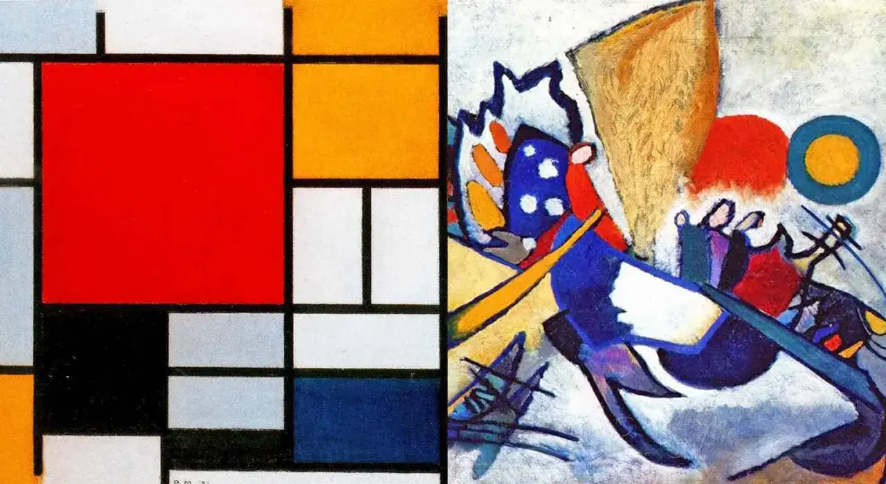 Dwa obrazy sztuki współczesnej: geometryczny Mondrian z czerwonym kwadratem i abstrakcyjny Kandinsky z dynamicznymi formami.