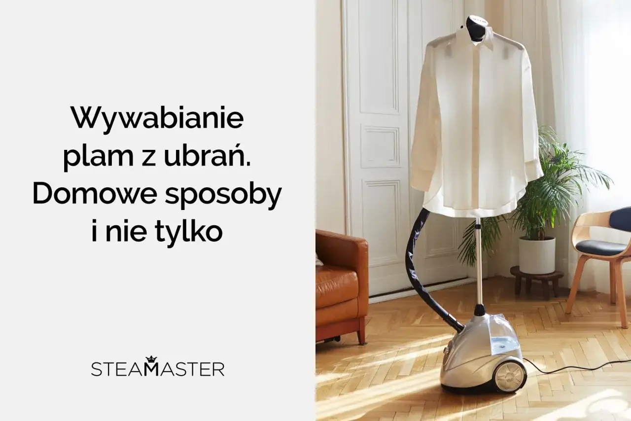 Biała koszula na stojaku, obok parownica. Tekst:
