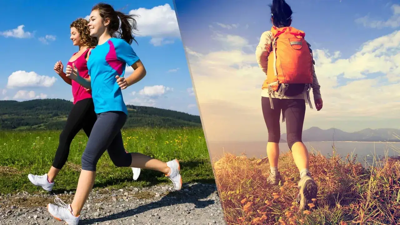 Två kvinnor joggar i ett grönskande landskap, en annan vandrar med ryggsäck längs en kuststig. Välj att jogga långsamt eller gå snabbt, njut av naturen!