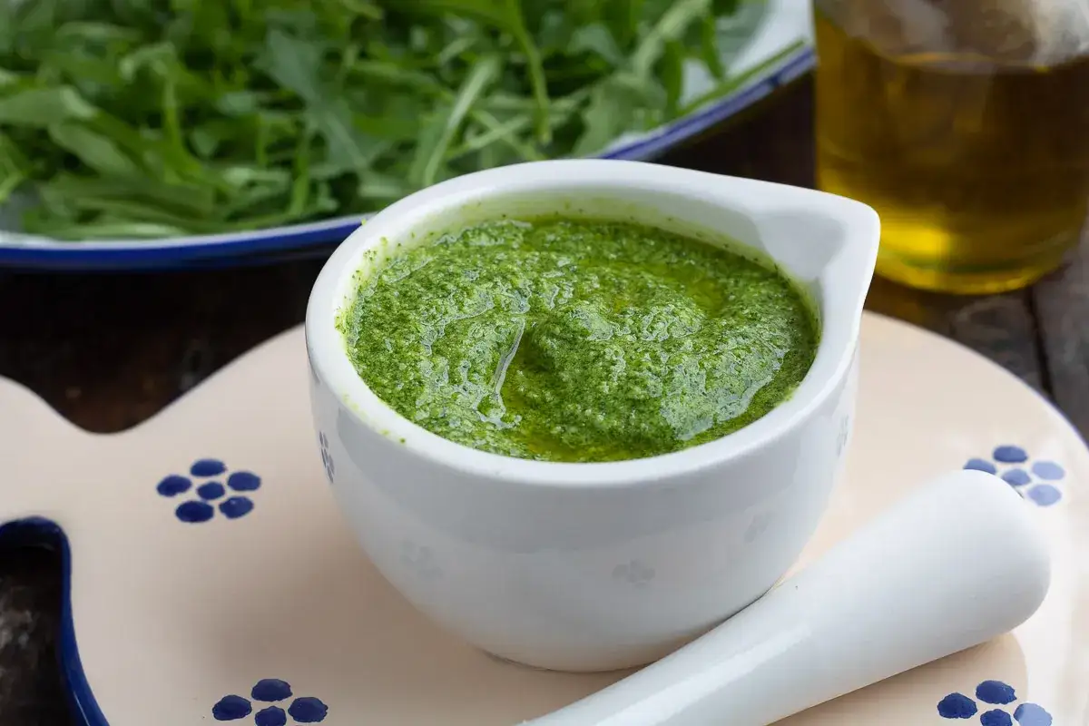 Pesto di rucola fresco e vibrante in una ciotola bianca, con rucola e olio d'oliva sullo sfondo.