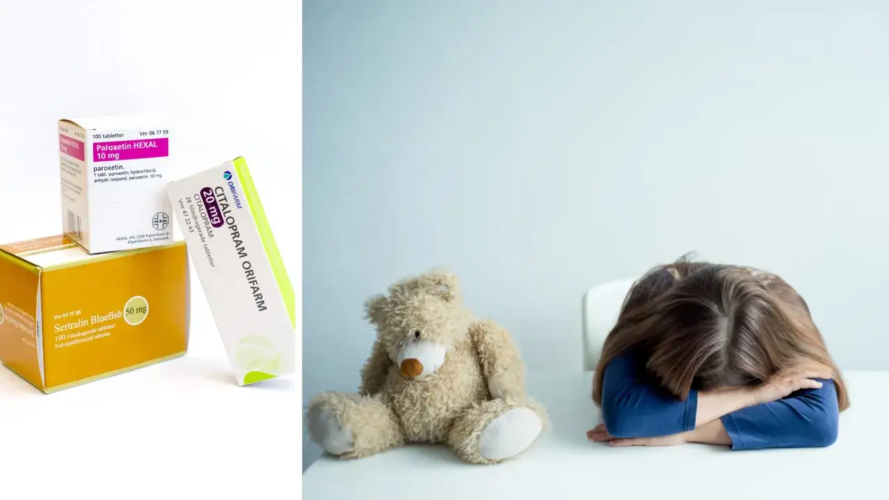 Läkemedel för att byta från citalopram till sertralin. En leksak och ett barn med huvudet i händerna.