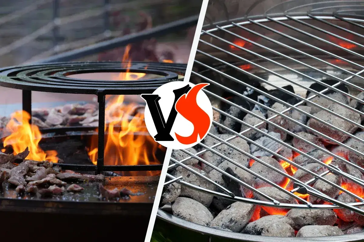 Deux styles pour faire un barbecue : viande sur le feu vif à gauche, braises incandescentes sous la grille à droite.