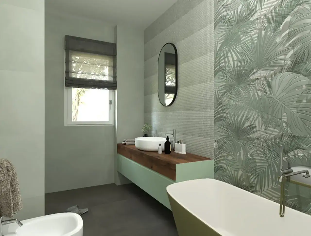 Elegante bagno verde acqua e bianco con vasca, lavabo su mobile in legno e piastrelle tropicali.