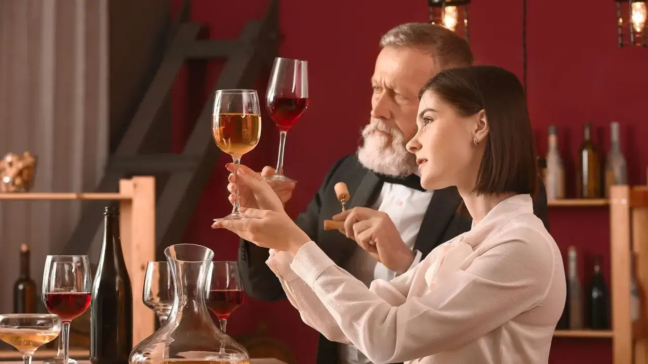 Una donna e un uomo anziano con barba bianca esaminano due bicchieri di vino. Lei tiene un bicchiere di vino bianco, lui uno di vino rosso. Si percepisce la professionalità di chi è il sommelier.