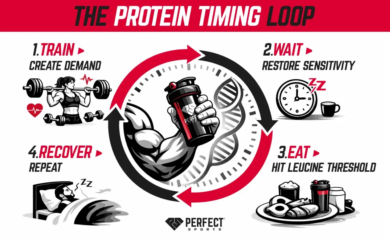 Cycle : entraînement, attente, repas (quand prendre de la whey), récupération. Idéal pour optimiser la croissance musculaire.