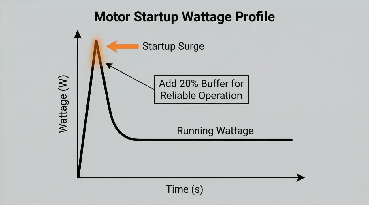 Courbe de puissance d'un moteur : pic de d&eacute;marrage, puis consommation stable. Pour un groupe &eacute;lectrog&egrave;ne, quelle puissance pour un groupe &eacute;lectrog&egrave;ne ? Pr&eacute;voir 20% de marge.