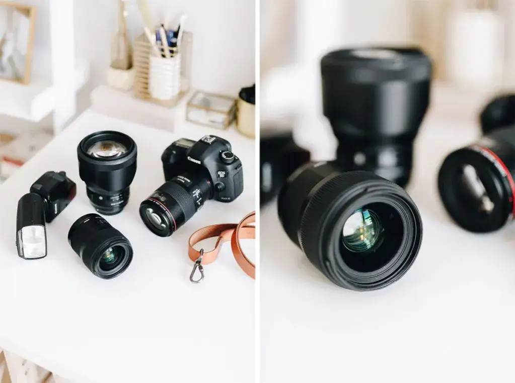 obiektywy fotograficzne do reportażu ślubnego ułożone obok siebie