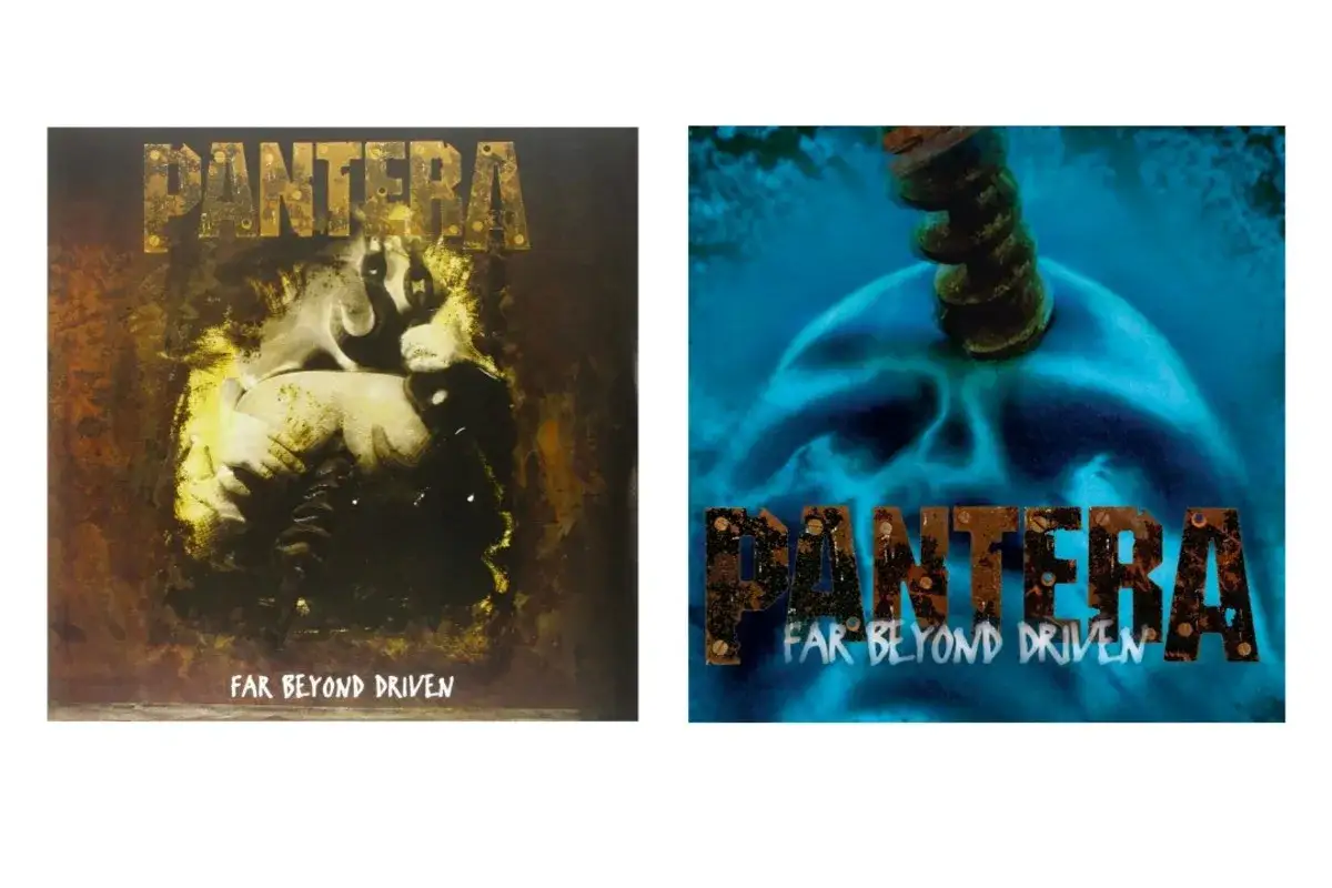 Copertine album Pantera Far Beyond Driven: una con figura oscura e fiamme, l'altra con teschio blu e vite.