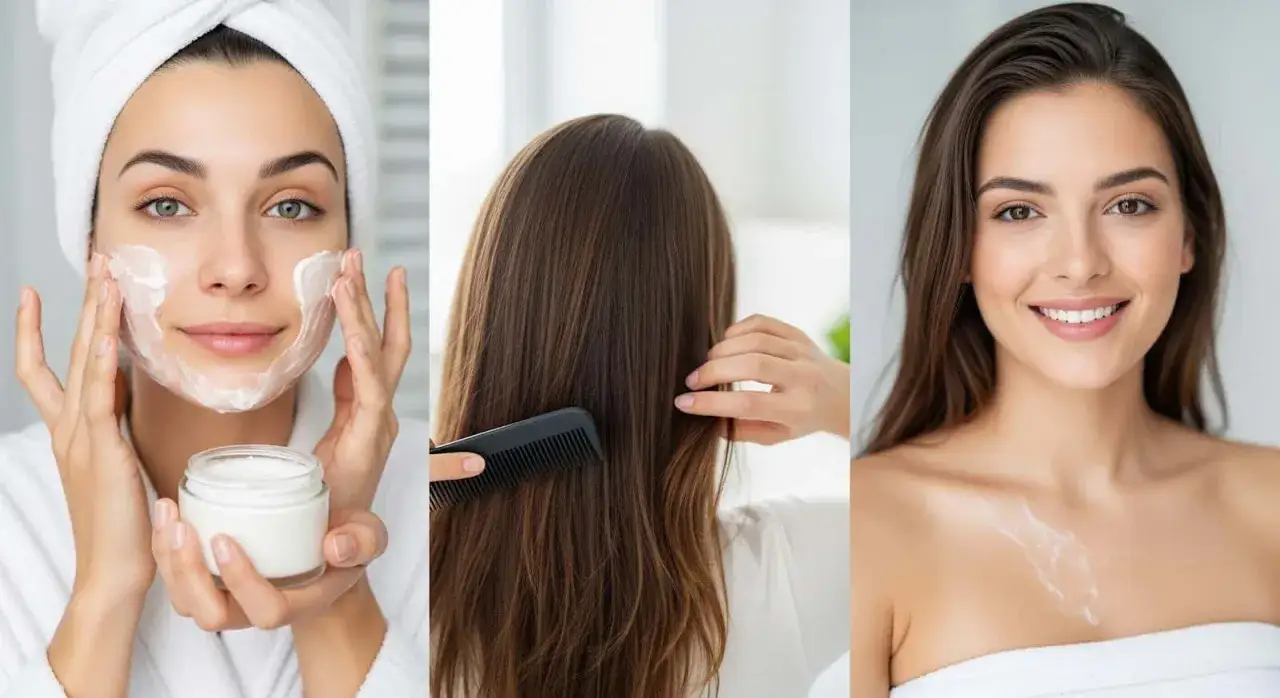 Rutina de belleza: mujer aplica crema en rostro, peina su cabello y sonríe. Descubre qué es el pantenol y sus beneficios.