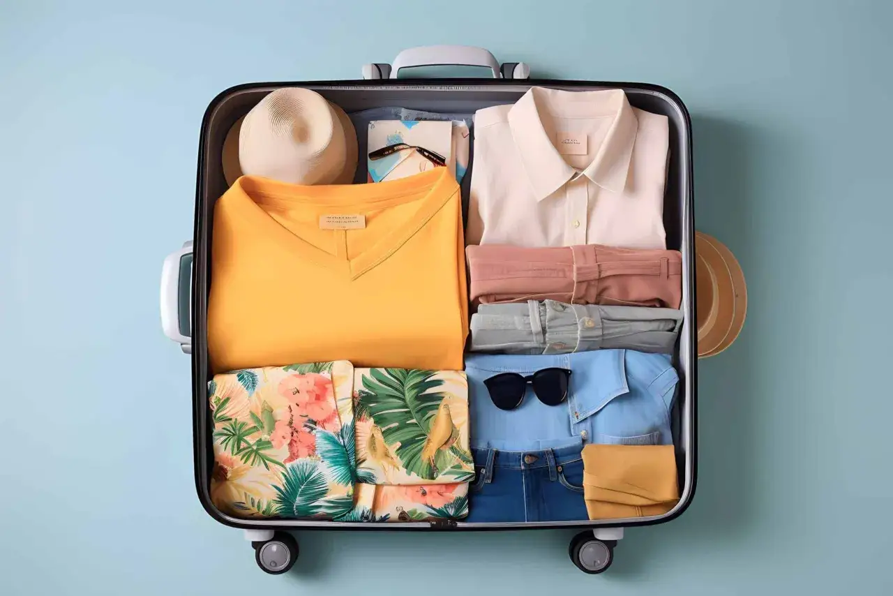 Koffer mit Kleidung für die Kreuzfahrt: gelbes Shirt, tropisch gemusterte Stoffe, Jeans, Hemden, Hut und Sonnenbrille. Perfekte packliste kreuzfahrt.
