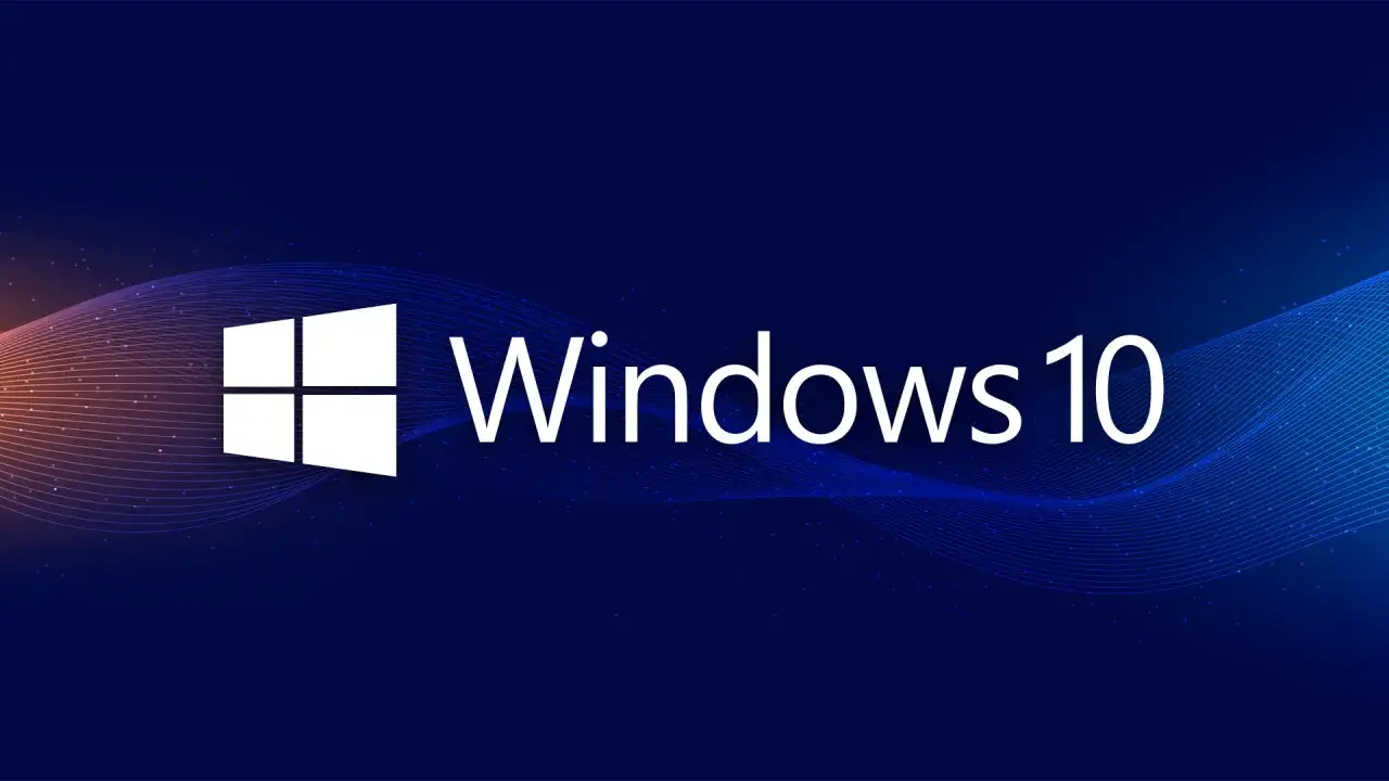 Logo Windows 10 na tle falujących linii i drobnych punktów świetlnych.