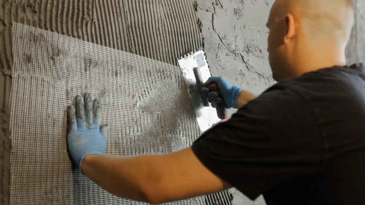 Hand mit blauer Handschuh drückt Gittergewebe in feuchtes Mauerwerk, während mit Kelle Mörtel aufgetragen wird.