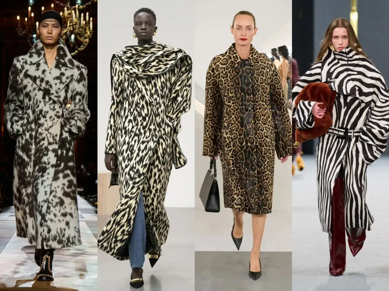 Models showcase bold animal prints, including cow, leopard, and zebra patterns, highlighting trending patterns in fashion.