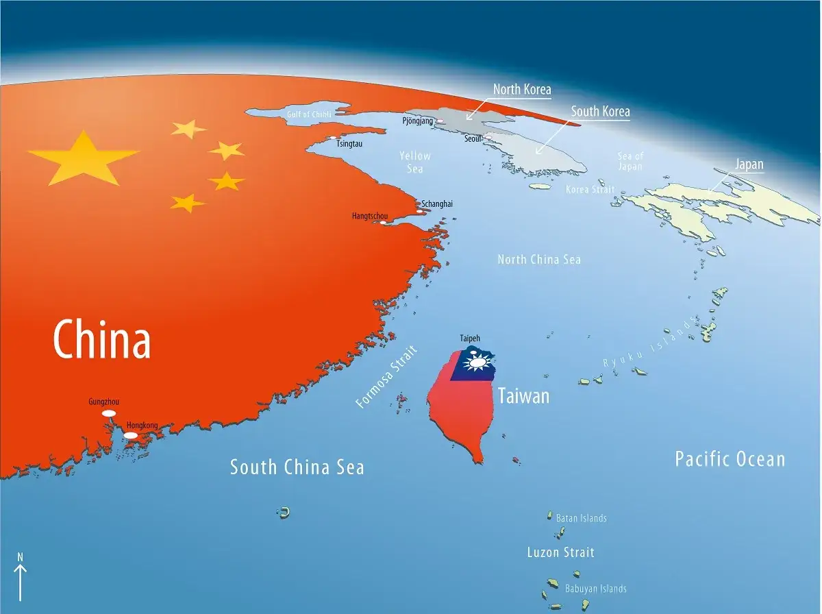 Mapa polityczna regionu Morza Południowochińskiego i Morza Wschodniochińskiego, z zaznaczoną **Cieśniną Tajwańską** oddzielającą Chiny od Tajwanu.