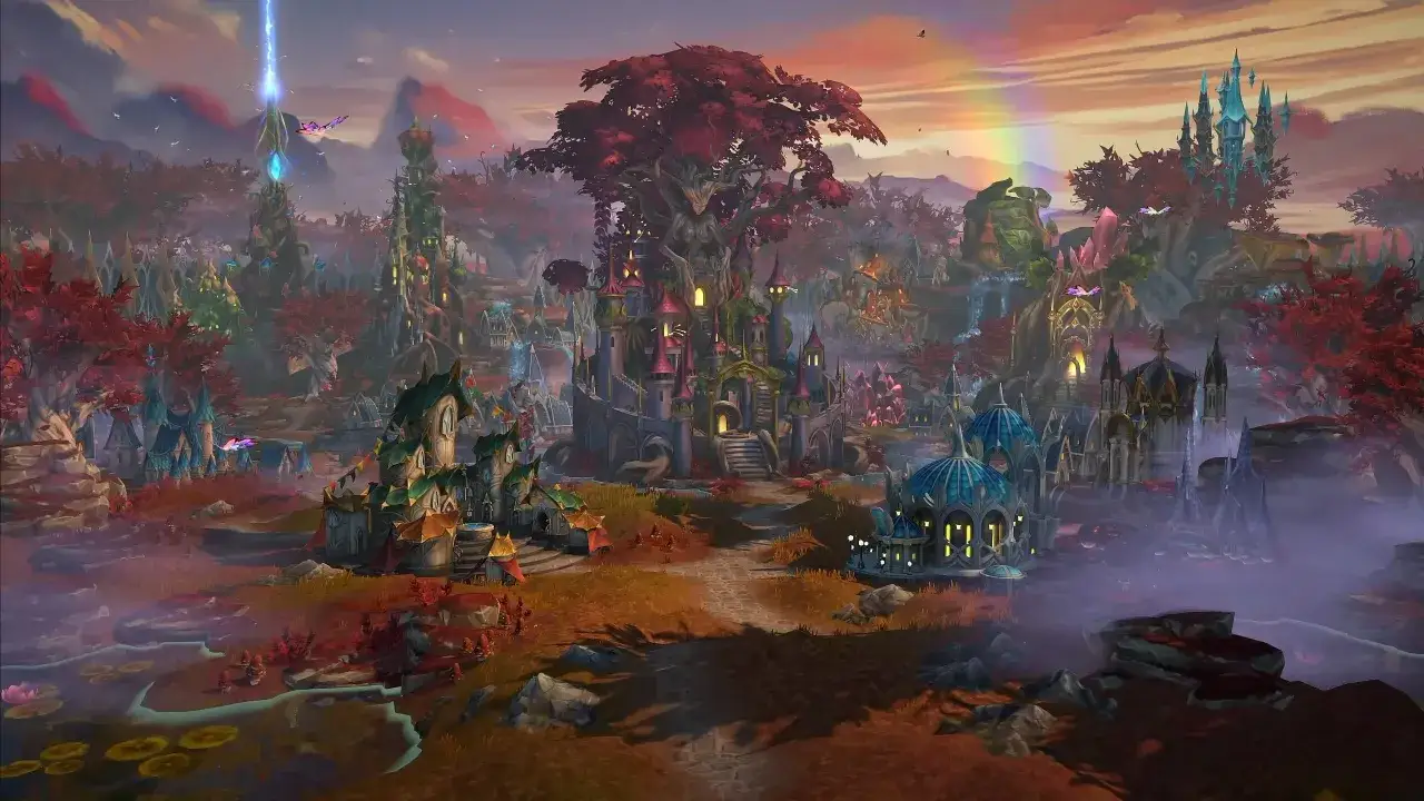 Magiczna kraina z zamkami i wieżami, jak z gry Heroes of Might and Magic 8. Tęcza nad drzewami i mistyczna wieża.