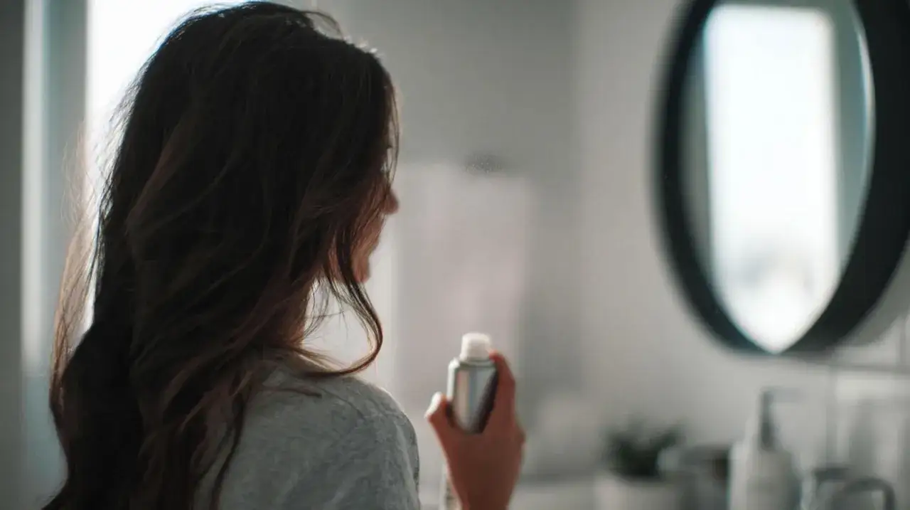 Frau sprüht sich Trockenshampoo ins Haar. So einfach ist es, wie benutzt man Trockenshampoo für volles Haar.