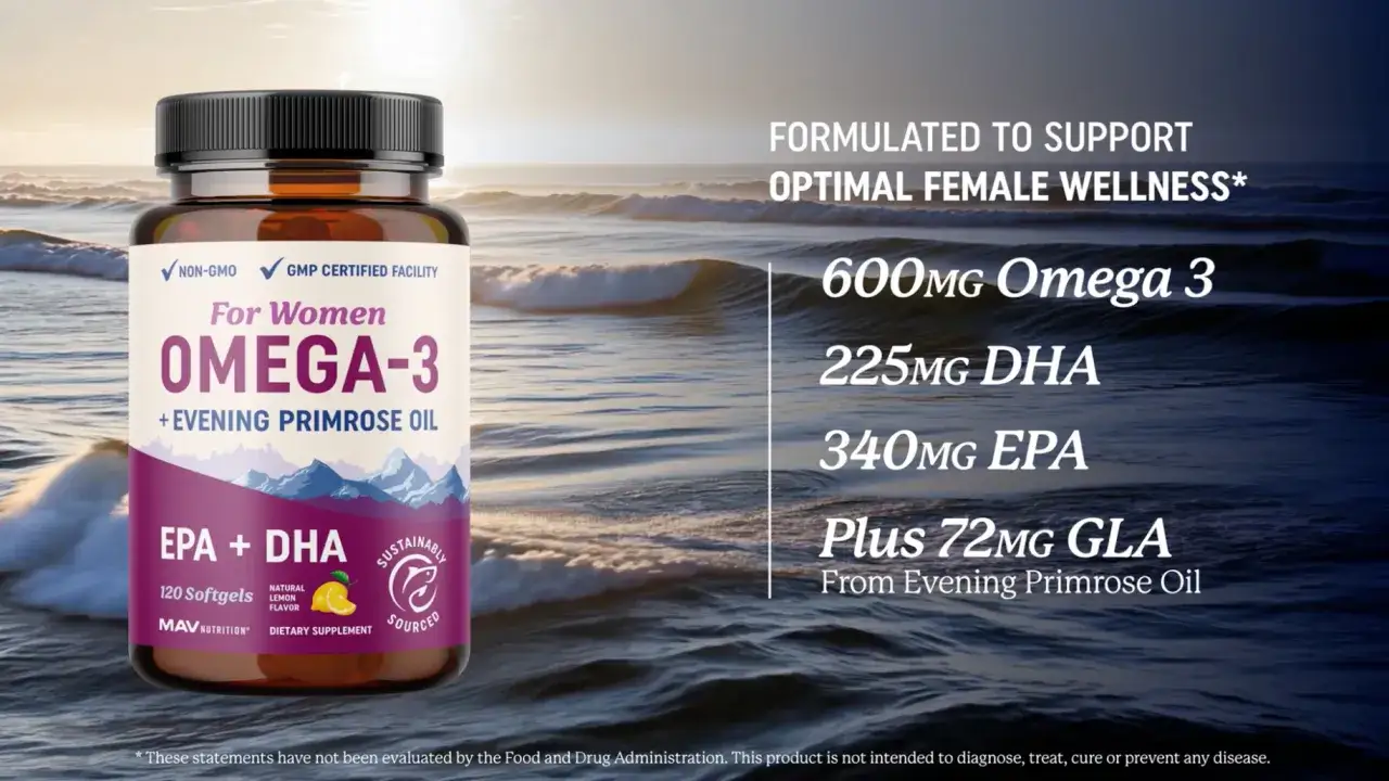 Integratore Omega-3 per donne, ideale prima di dormire. Supporta il benessere femminile con EPA, DHA e olio di enotera.