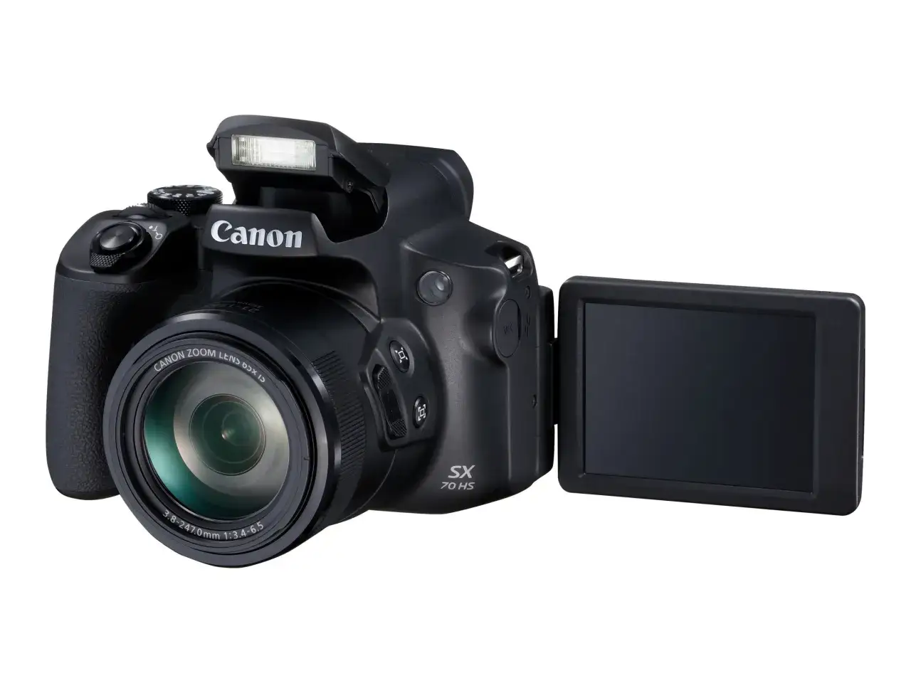 Svart systemkamera, Canon Powershot SX70 HS, med utf&auml;lld sk&auml;rm och blixt. Perfekt f&ouml;r ett canon powershot sx70 hs test.