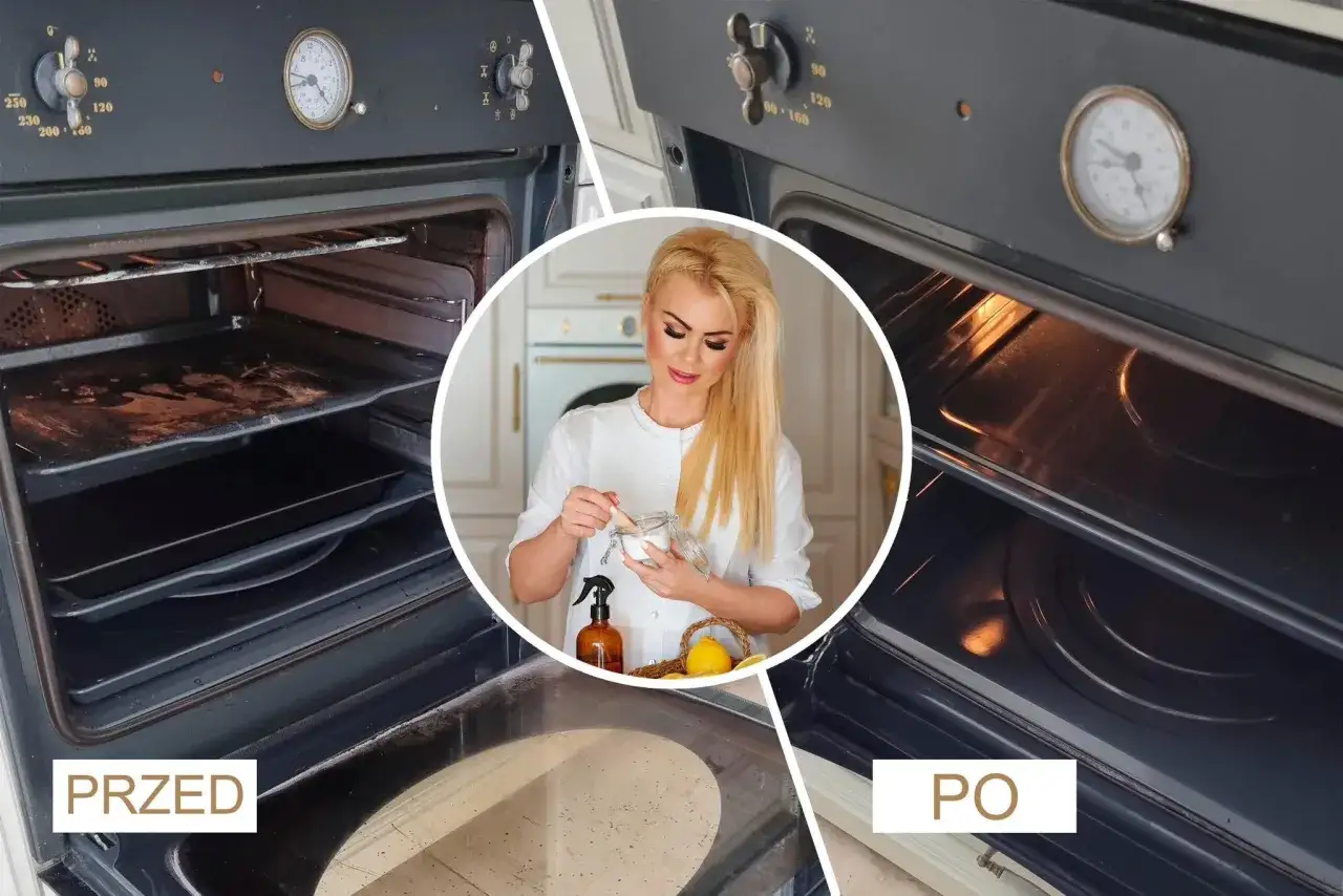 Przed i po: brudny piekarnik elektryczny vs. czysty. Kobieta pokazuje, jak wyczyścić piekarnik elektryczny naturalnymi środkami.