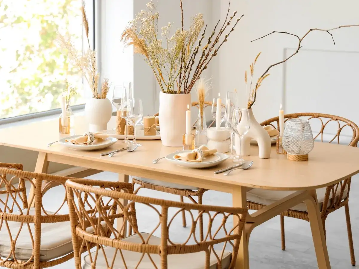 Elegantes centros de mesa modernos con jarrones de cer&aacute;mica, velas y arreglos de hierbas secas sobre una mesa de madera.
