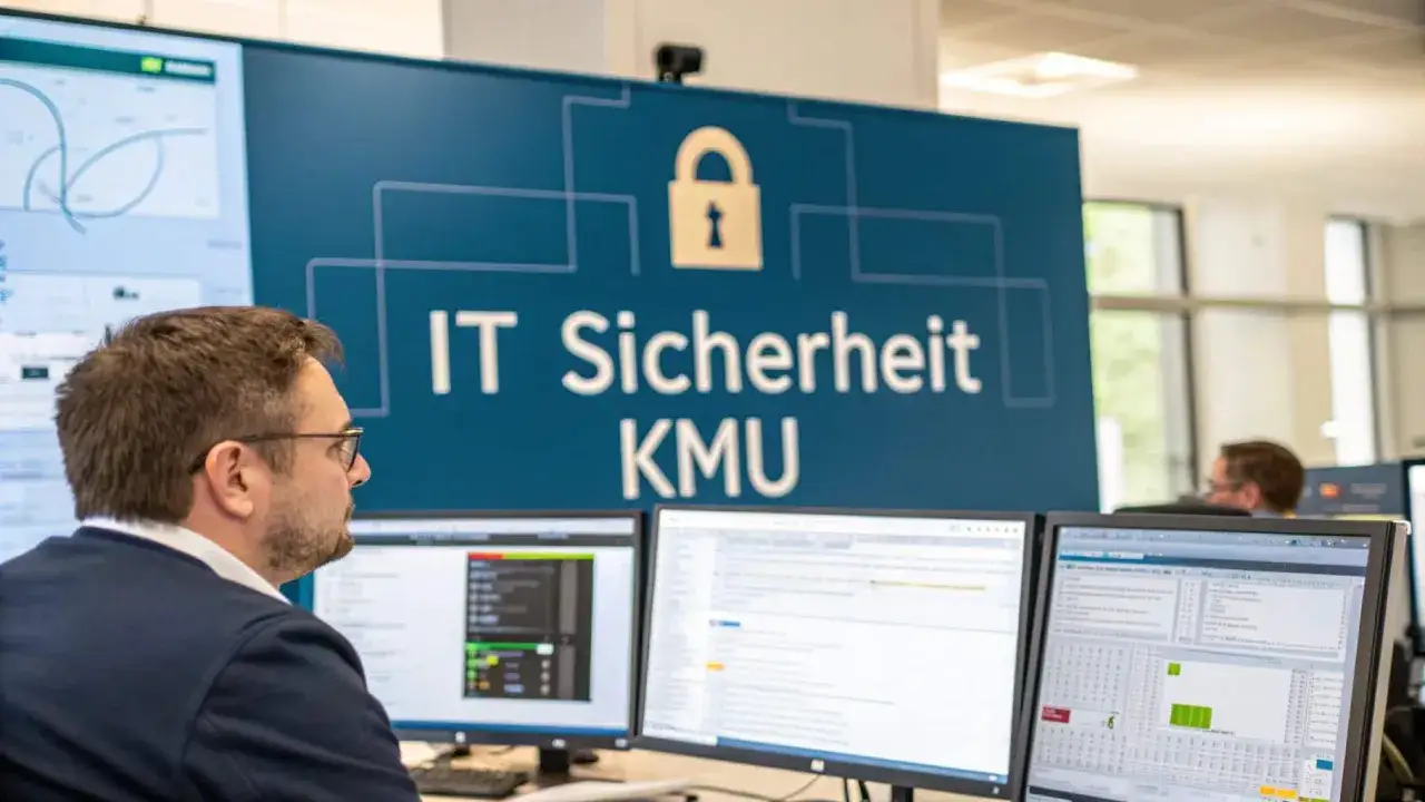 Mann arbeitet an Computern. Im Hintergrund ein Schild mit einem Schloss-Symbol und der Aufschrift 