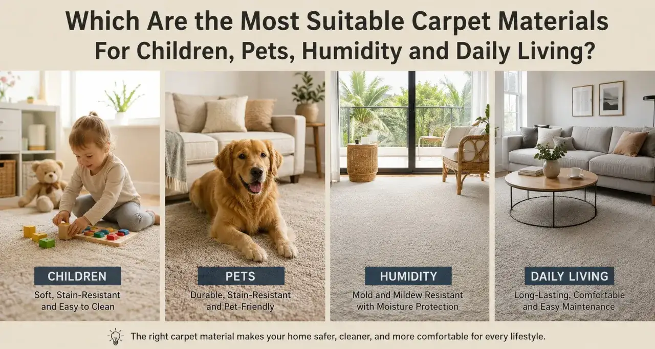 Discover the best material for rugs for kids, pets, humidity, and daily living. Images show a child playing, a dog, a humid room, and a living room.