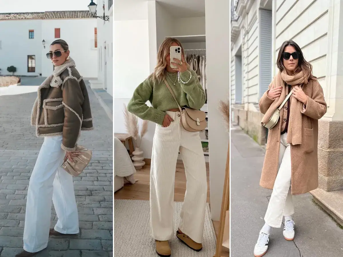 Tre donne sfoggiano outfit eleganti con pantaloni bianchi: uno con giacca shearling, uno con maglione verde e uno con cappotto cammello.