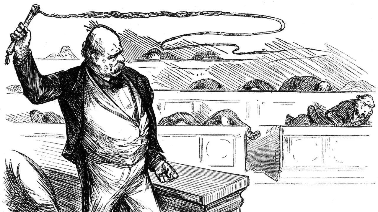 Bismarck droht mit einer Peitsche. Die negative Integration zeigt sich in den gedem&uuml;tigten Figuren im Hintergrund.