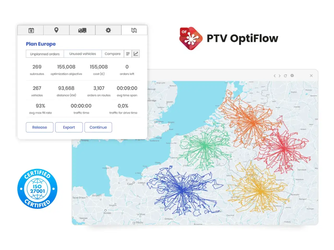 Planowanie trasy z PTV OptiFlow. Mapa Europy z kolorowymi trasami pojazdów i danymi optymalizacji.