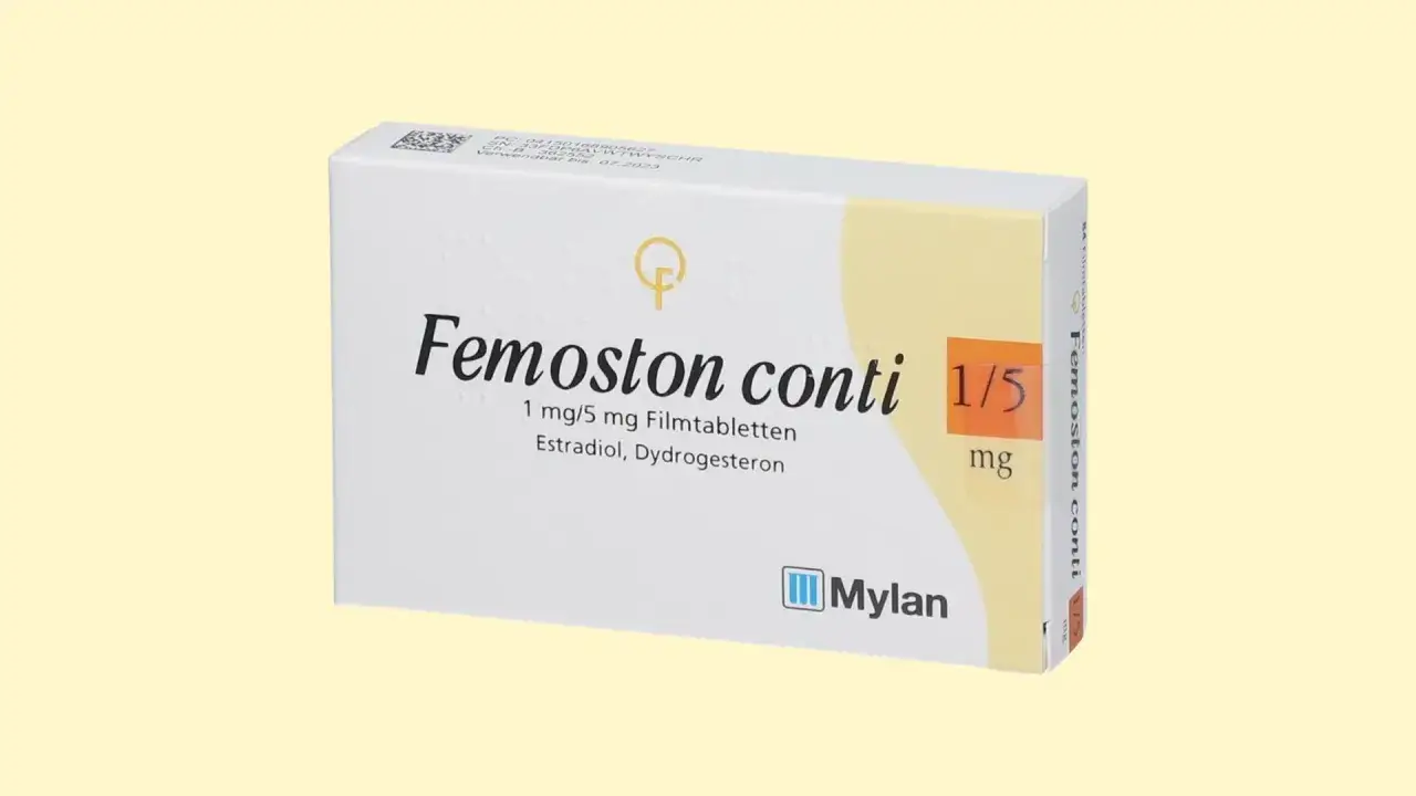 Opakowanie leku Femoston conti 1 mg/5 mg. Przed rozpoczęciem stosowania warto zapoznać się z informacjami o estrofem skutki uboczne.