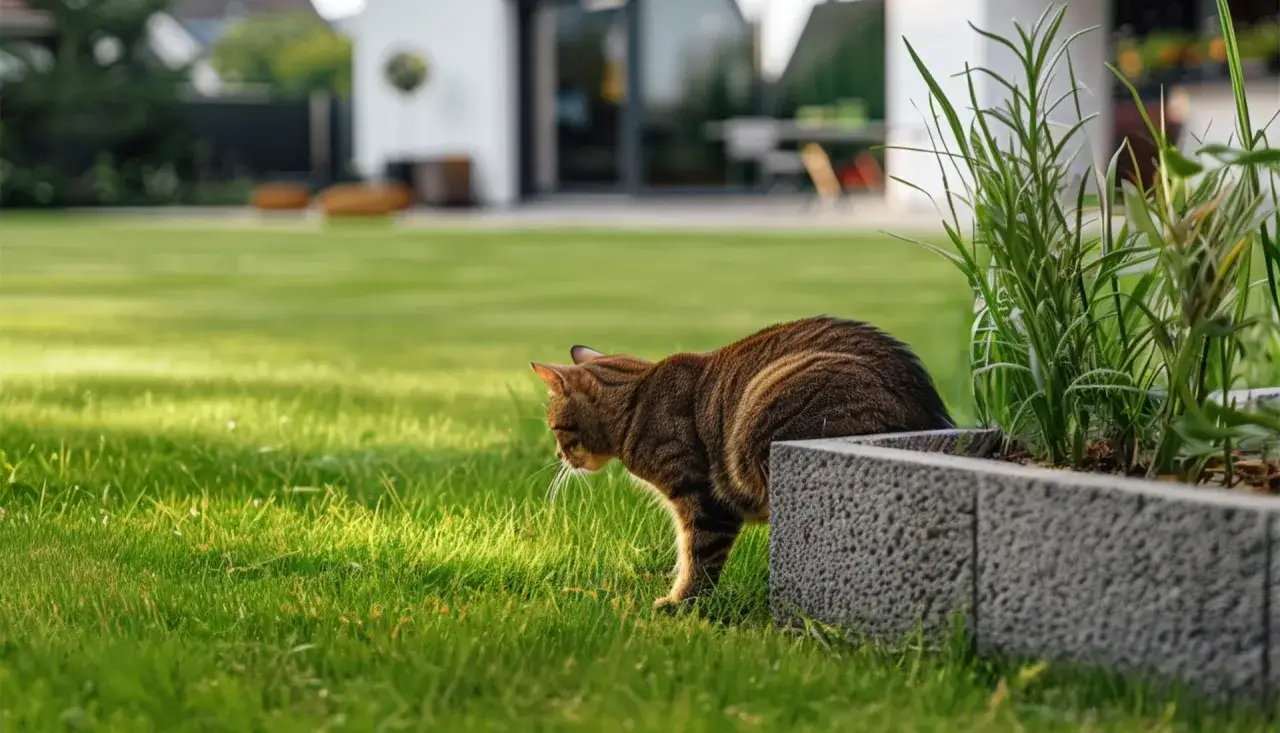 Eine getigerte Katze schleicht durch den Garten. Hoffentlich hinterl&auml;sst sie keinen Katzenkot im Gras.