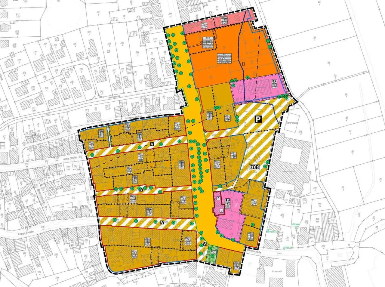 Plan von urbane gebiete mit farblich markierten Zonen, Straßen und Gebäuden.