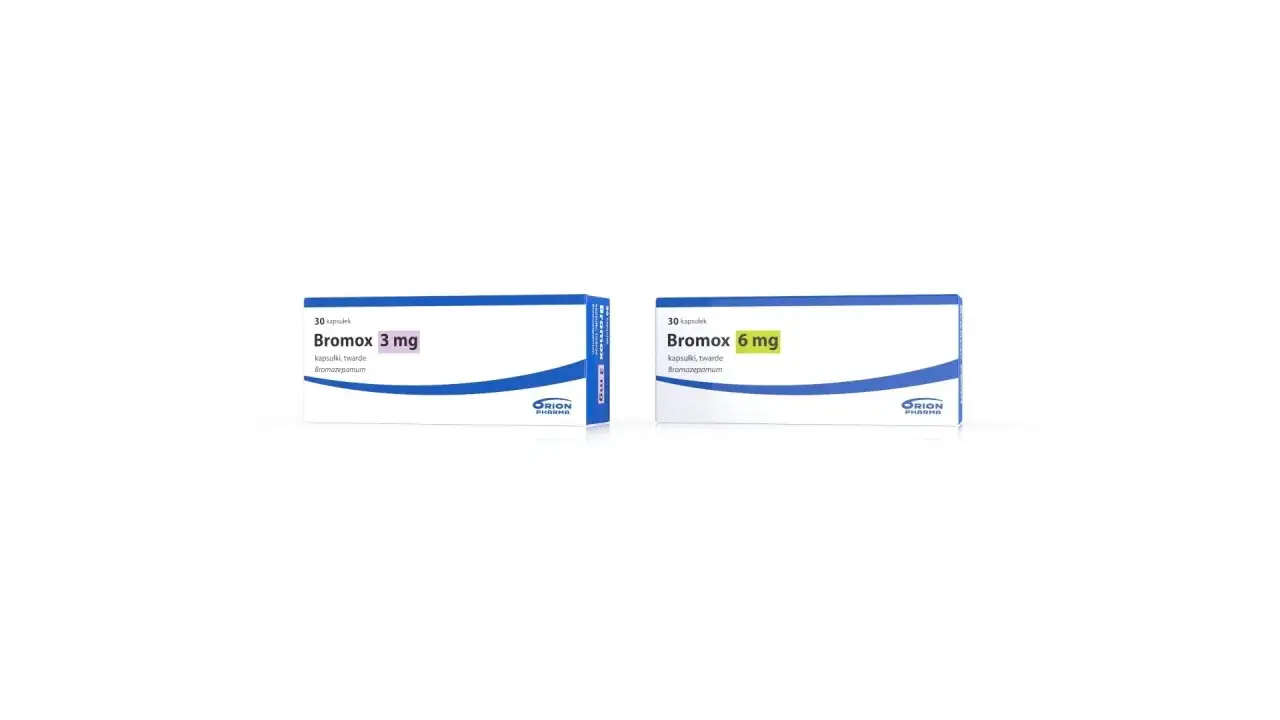 Dwa opakowania leku Bromox: Bromox 3 mg i Bromox 6 mg, zawierające kapsułki z bromazepamem.