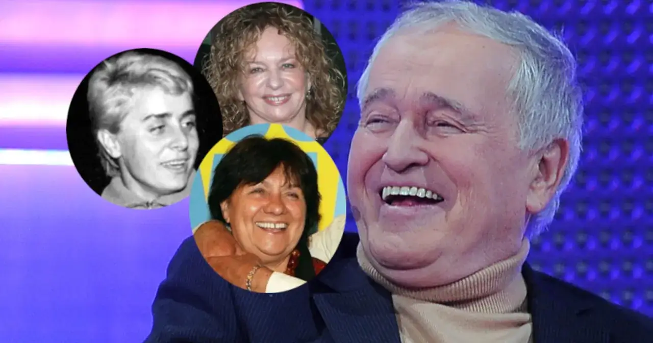 Jan Nowicki z uśmiechem na twarzy, obok niego zdjęcia jego dzieci z różnych etapów życia.