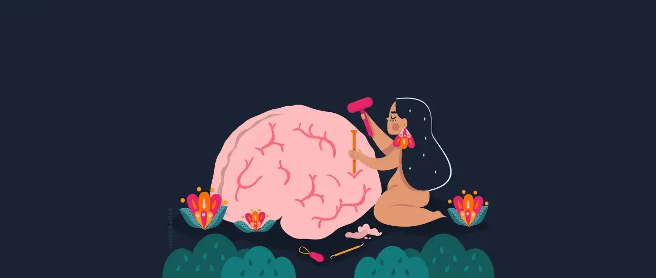 Una mujer talla el cerebro de un adolescente, como el de David Bueno, con un cincel y martillo, simbolizando el desarrollo y aprendizaje.