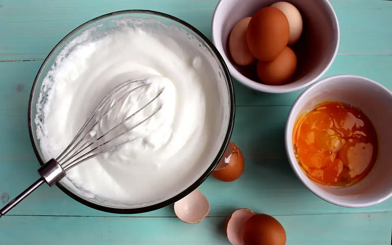Meringue a&eacute;rienne, blanc en neige parfait, dans un bol avec un fouet. &Agrave; c&ocirc;t&eacute;, des &oelig;ufs entiers et des jaunes d'&oelig;ufs dans des bols.