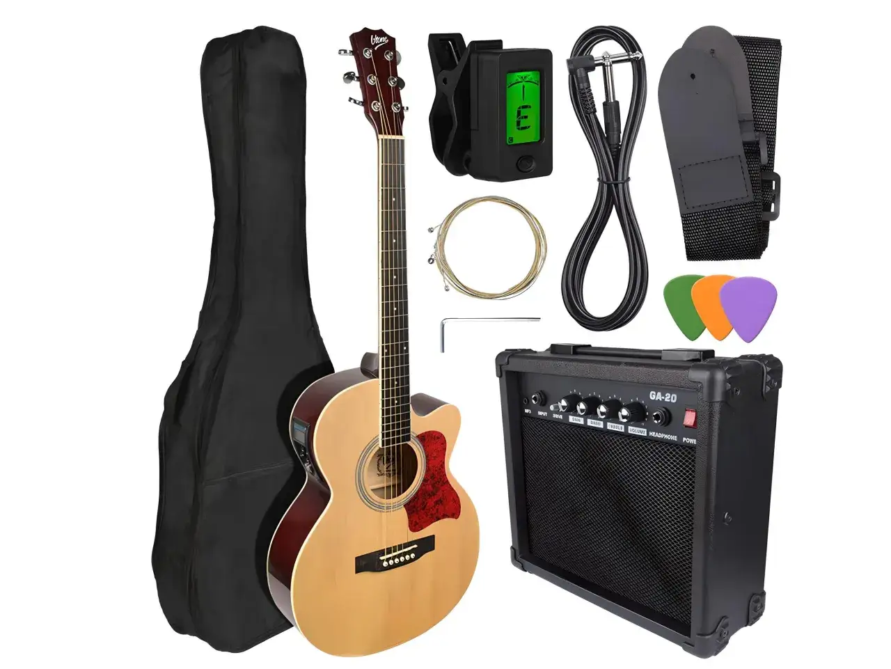 Zestaw dla gitarzysty: gitara akustyczna elektryczna, wzmacniacz, pokrowiec, tuner, kostki, kabel i struny.