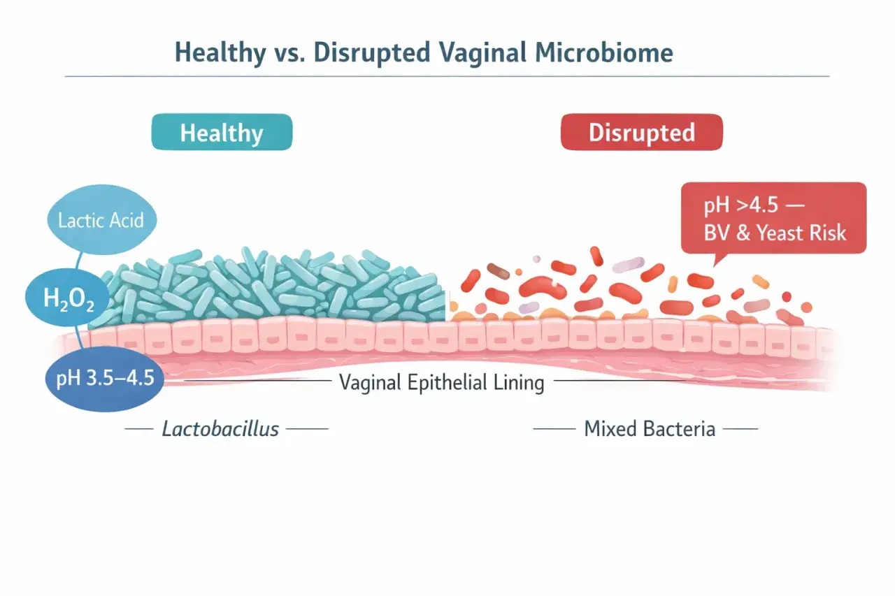 Illustration comparant une flore vaginale saine (Lactobacillus, pH bas) à une flore perturbée (bactéries mixtes, pH élevé), soulignant l'importance des probiotiques pour l'équilibre.