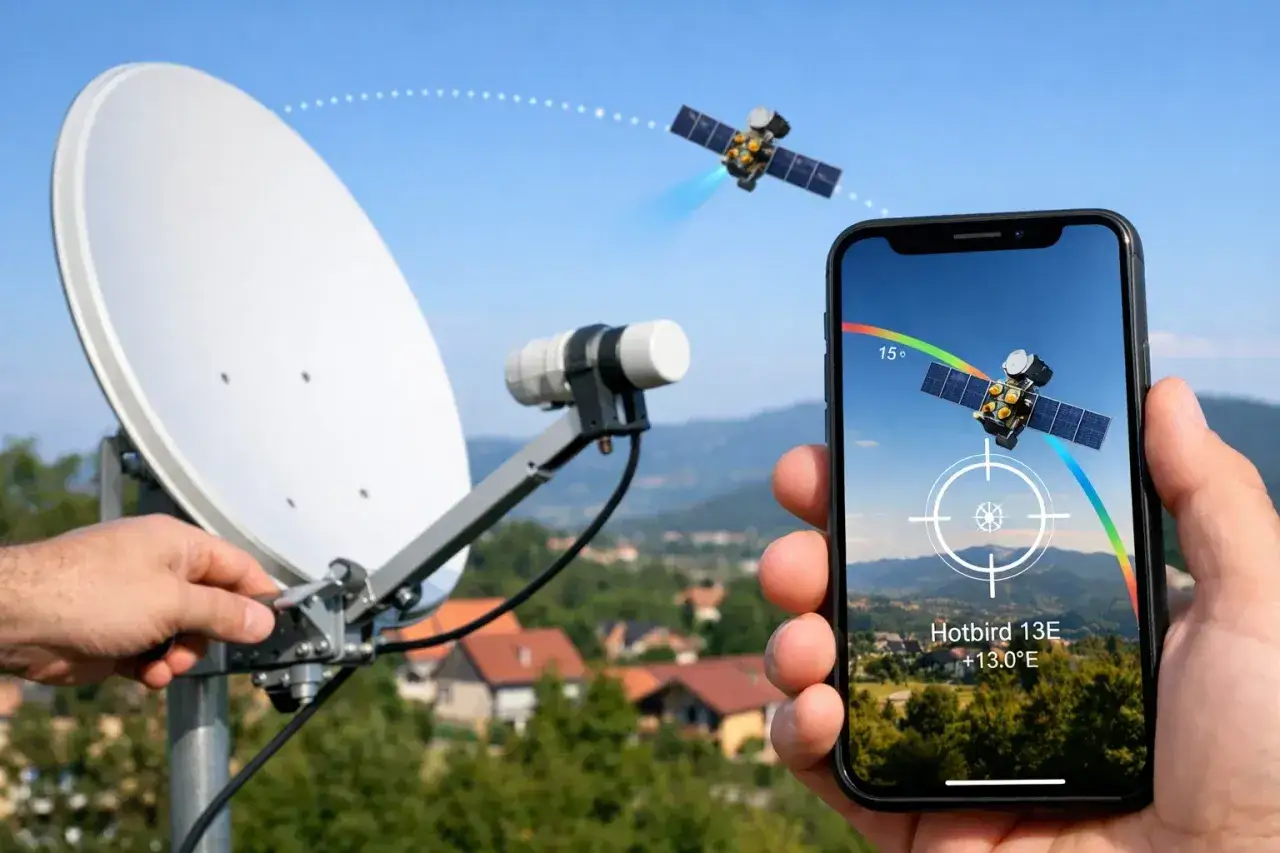 Ustawianie anteny satelitarnej za pomocą telefonu. Aplikacja AR pokazuje satelitę Hotbird 13E i pomaga w precyzyjnym celowaniu.