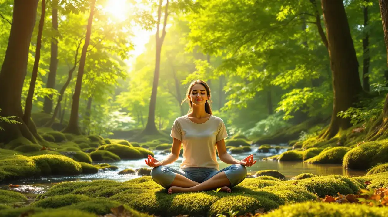 A woman meditates by a stream in a sun-dappled forest, finding peace to relax and recharge amidst the vibrant green moss.