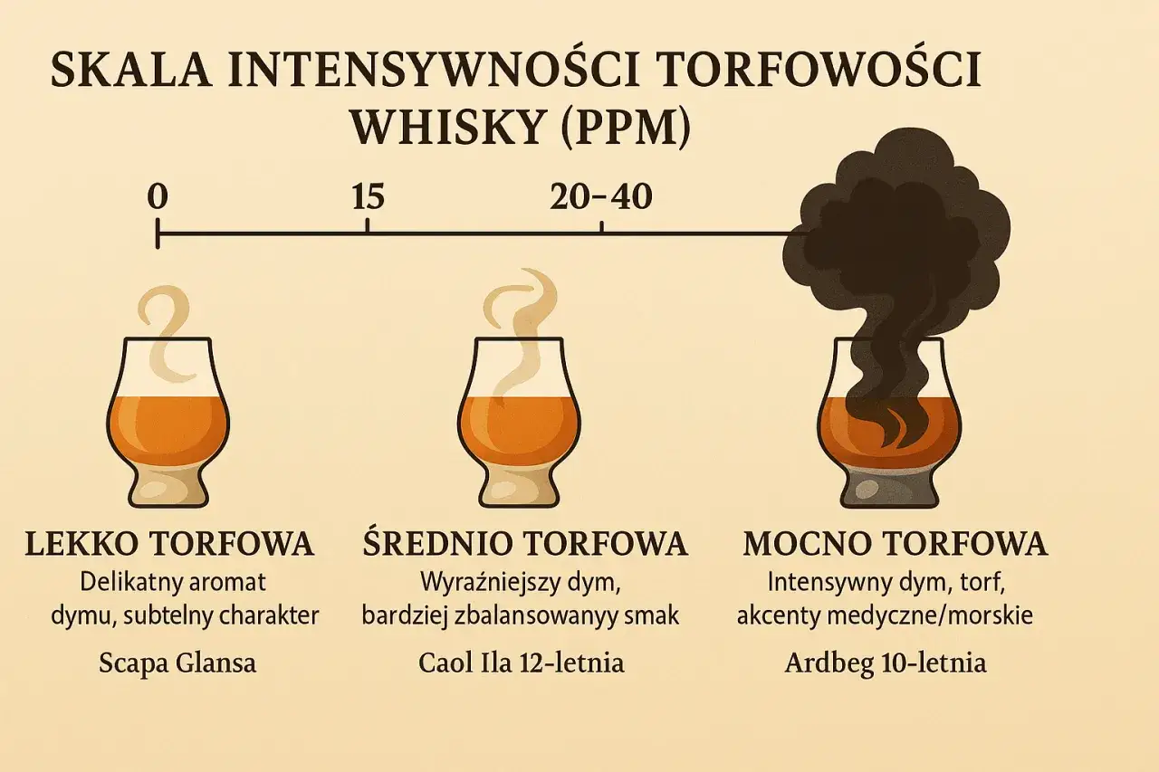 Skala torfowości whisky: lekko, średnio i mocno torfowa. Fenol i suszenie torfem to przyczyny dymnego posmaku.