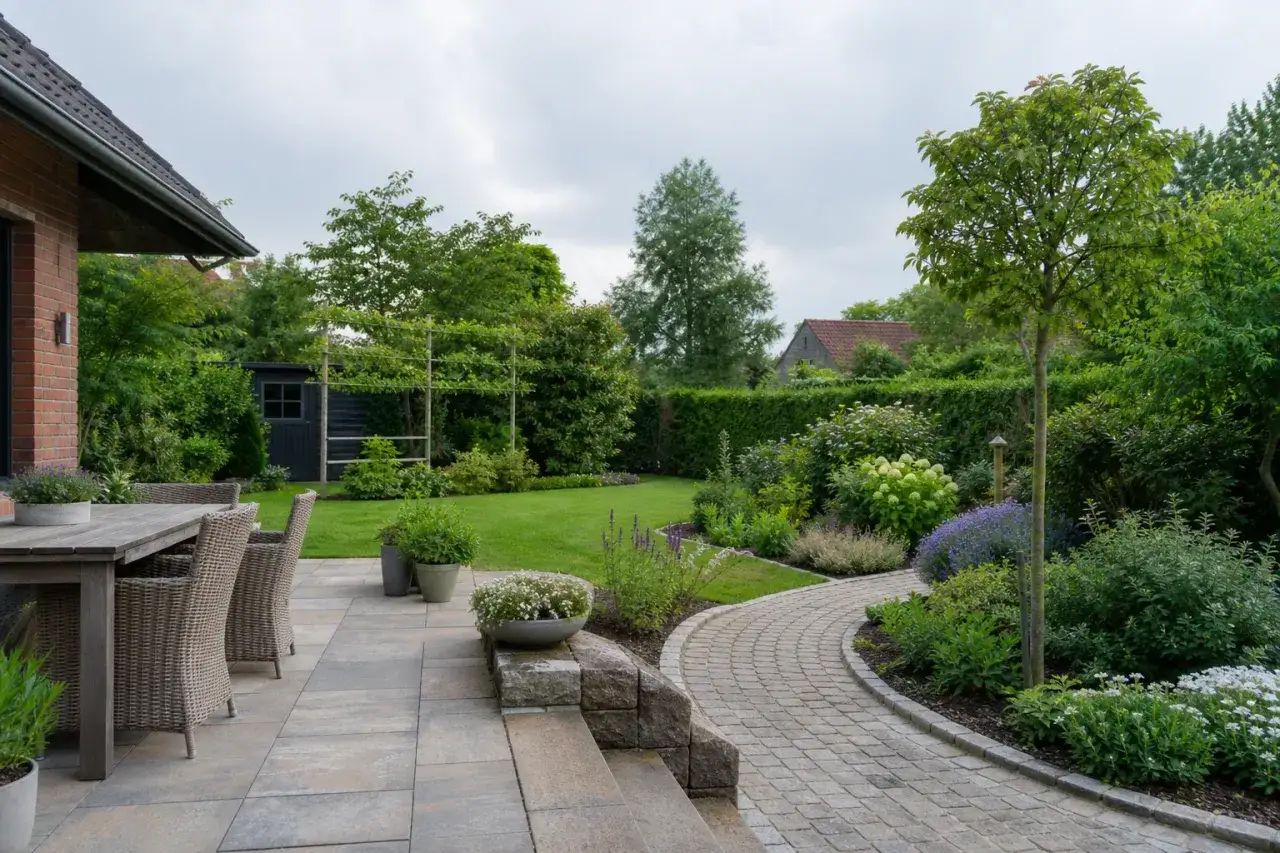 Ein gepflegter Garten mit Terrasse, Rasen und blühenden Beeten. Der Weg lädt zum Spazieren ein, perfekt, um den Garten anlegen zu genießen.