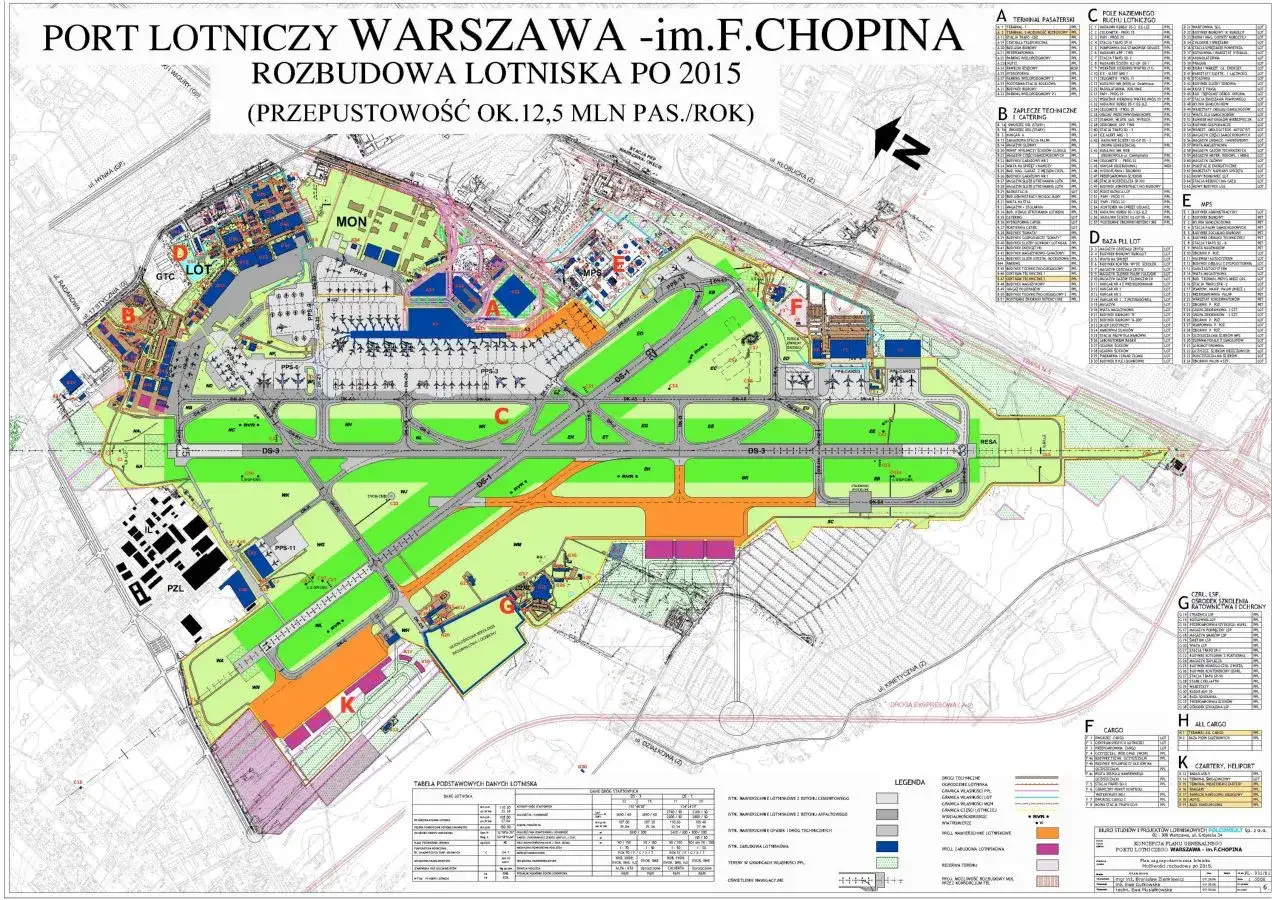 Plan rozbudowy lotniska Chopina w Warszawie. Na mapie widać wiele dróg startowych, pasów kołowania i budynków, co sugeruje, że jest to jedno, ale bardzo rozbudowane lotnisko.