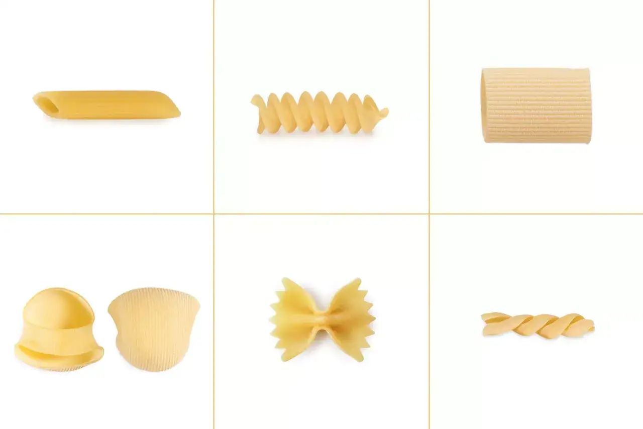 Krótkie pasty: penne, fusilli, rigatoni, conchiglioni, farfalle i inne kształty.