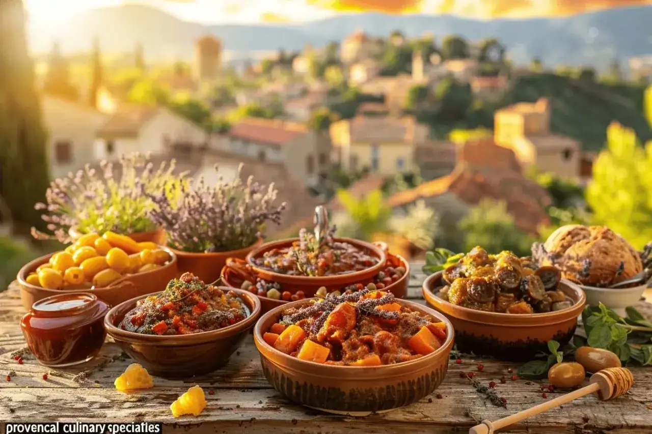 Un festin de spécialités provençales : ragoûts, olives, tomates jaunes et pain, avec un village en arrière-plan baigné de soleil.