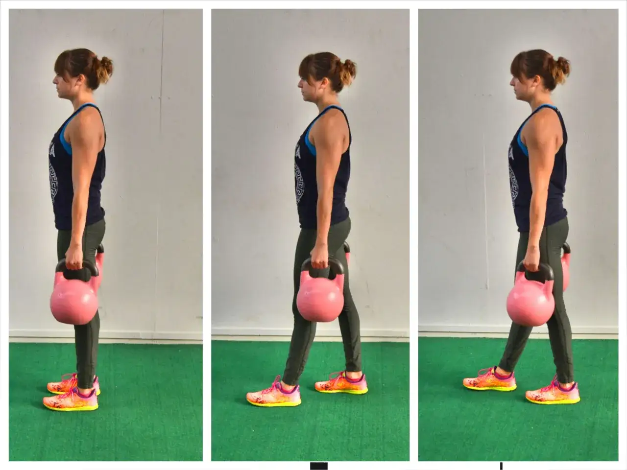 Kvinna utf&ouml;r farmers walk med rosa kettlebells.