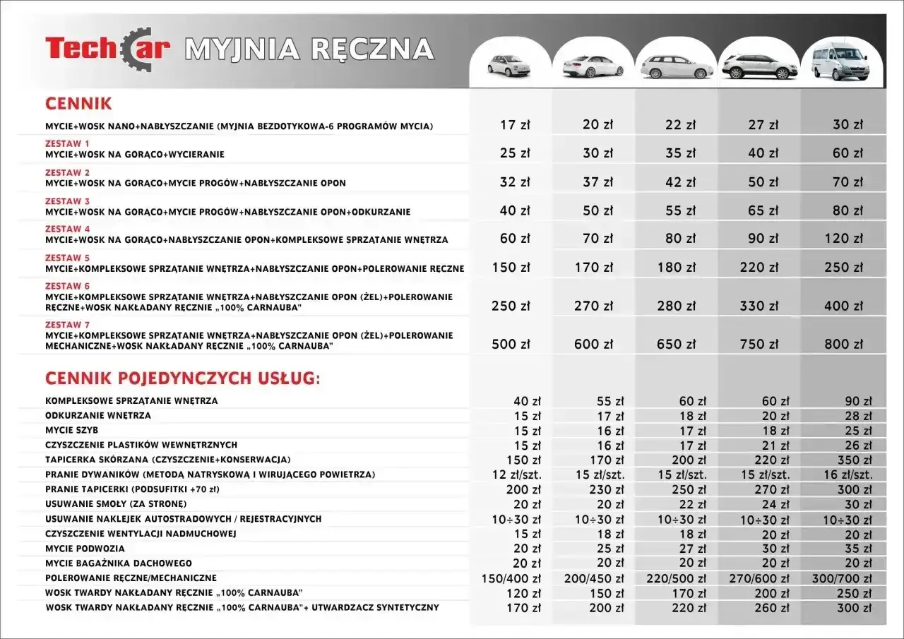 Cennik myjni ręcznej Techcar: ile kosztuje myjnia na BP? Ceny pakietów i usług pojedynczych, np. mycie z woskiem, sprzątanie wnętrza, pranie tapicerki.