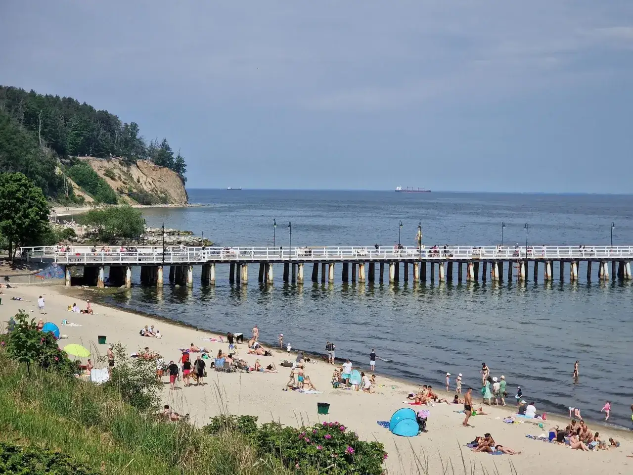 Plaża w Gdyni Orłowie, z molo i klifem, to jedno z najpiękniejszych miejsc nad polskim morzem. Ludzie odpoczywają na piasku, ciesząc się słońcem.