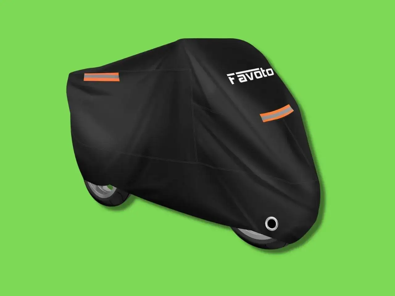 Copertura per moto nera Favoto, con strisce riflettenti arancioni. Un accessorio moto indispensabile per proteggere il tuo mezzo.